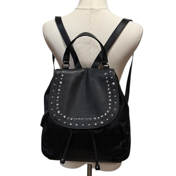 NWOT Michael Kors Riley Studded Black Pebbled Leather Drawstring Backpack Bag - Picture 1 of 13
